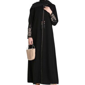 Women's Embroidered Abaya Polyester Long Sleeve Floor Length Zipper Dress